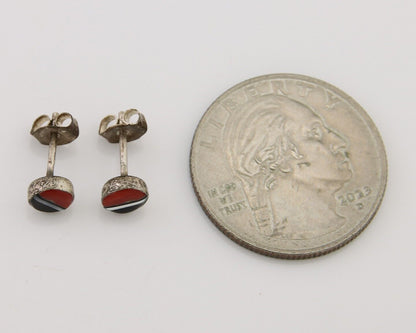 Navajo Earrings 925 Silver Inlaid Natural Onyx & Coral Native Artist C.80's