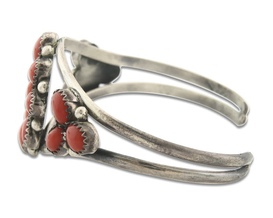 Vintage Navajo Bracelet 925 Silver Red Coral handmade Traditional Cuff