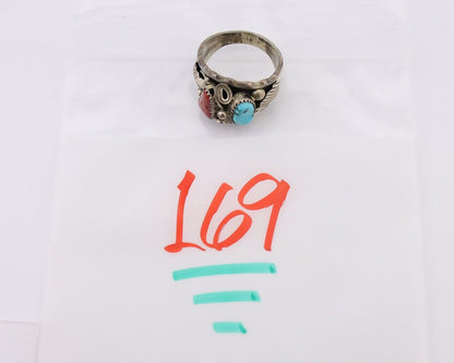 Navajo Ring 925 Silver Coral Turquoise Artist Signed Max Calabaza C.80's