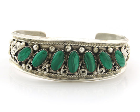 Navajo Cuff Bracelet Sterling Silver Natural Malachite Vintage Signed JM