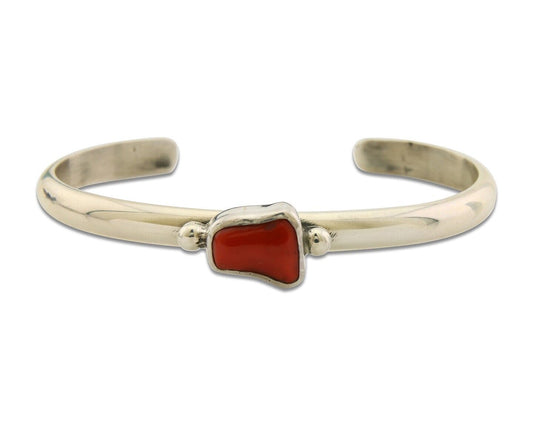 Navajo Bracelet .925 Silver Mediterranean Red Coral Cuff Native Artist C.80's