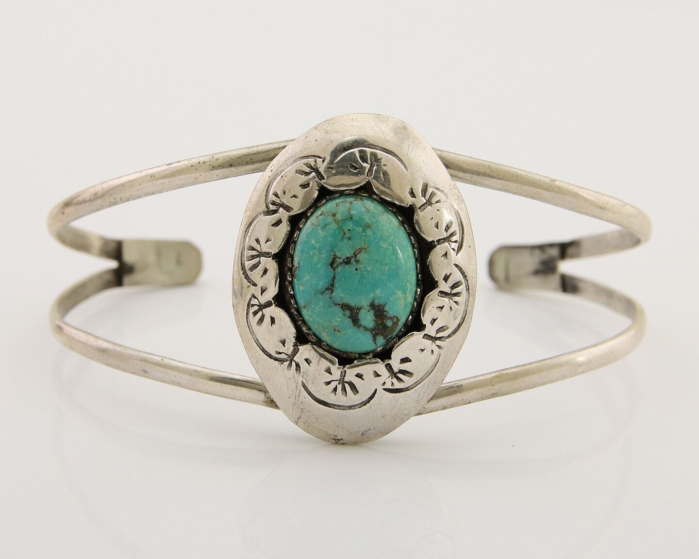 Navajo Hand Stamped Cuff Bracelet Turquoise 925 Silver Native American Artist