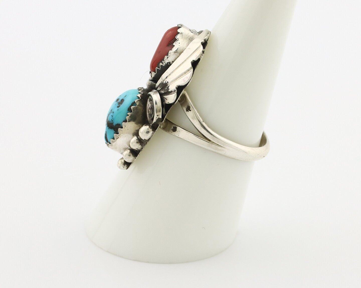Navajo Ring .925 Silver Turquoise & Coral Artist Signed Justin Morris C.80's