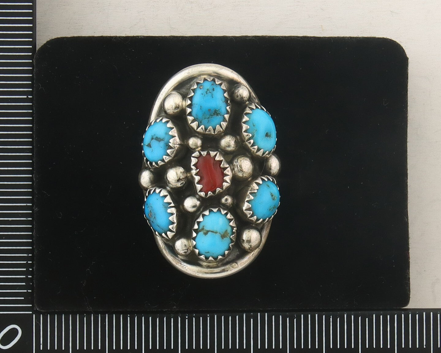 Navajo Ring 925 Sterling Natural Coral & Turquoise Signed MM C.80's Size 6.25
