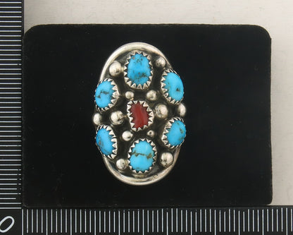 Navajo Ring 925 Sterling Natural Coral & Turquoise Signed MM C.80's Size 6.25