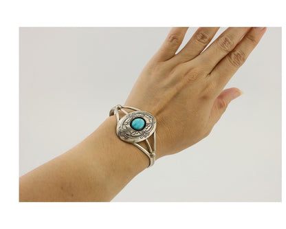 Navajo Bracelet 925 Silver Sleeping Beauty Turquoise Signed IHMJ C.80's