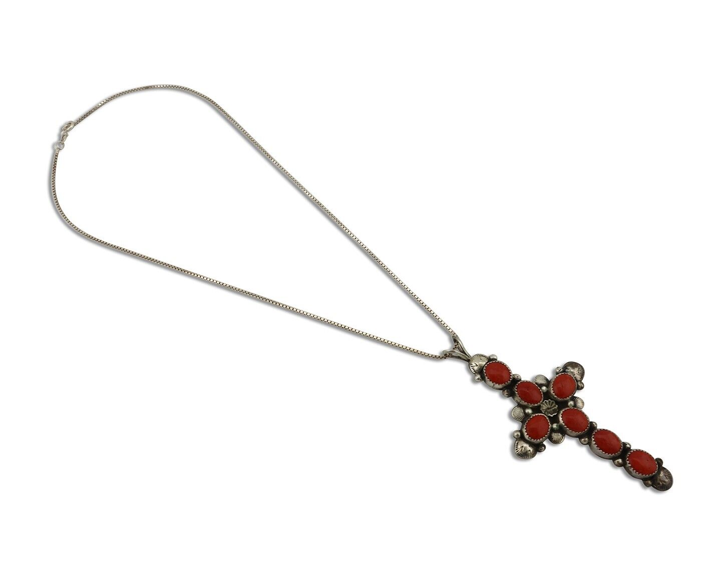 Navajo Cross Pendant 925 Silver Natural Coral Artist Signed Archie Martinez C80s