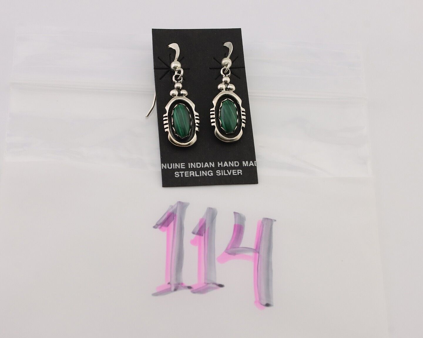 Navajo Dangle Earrings 925 Silver Natural Malachite Native American Artist C.80s