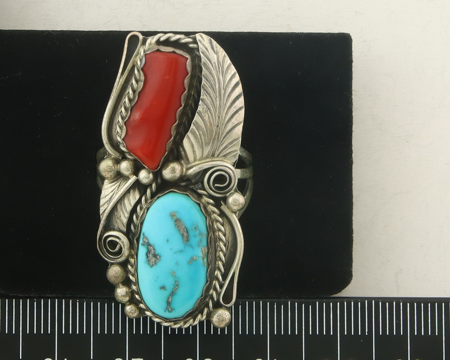 Navajo Ring 925 Sterling Natural Coral & Turquoise Signed JM C.80's Size 10.75