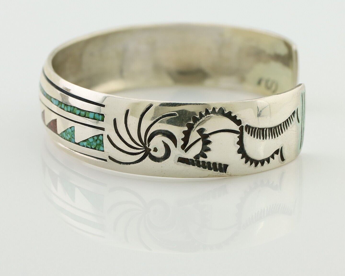 Navajo Inlay Bracelet 925 Silver Turquoise & Coral Signed Stanely Bain C.80's