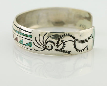 Navajo Inlay Bracelet 925 Silver Turquoise & Coral Signed Stanely Bain C.80's