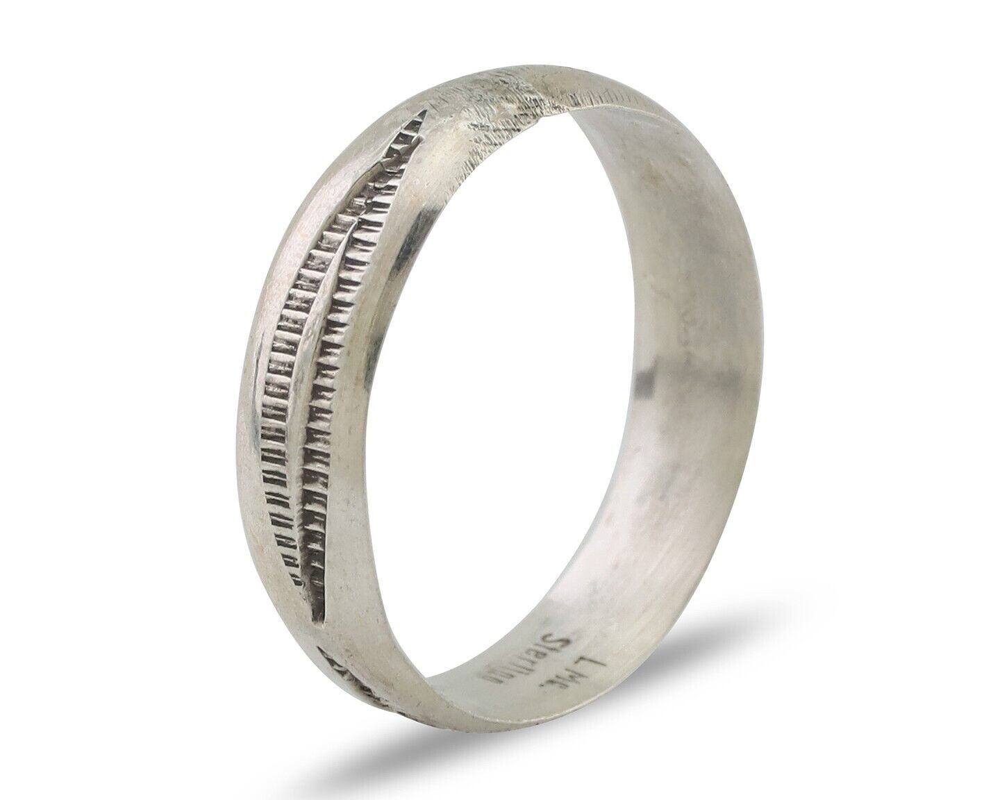 Navajo Hand Stamped Band 925 Silver 5.0 mm Signed Larry Chavez Size 7.5 C.80's