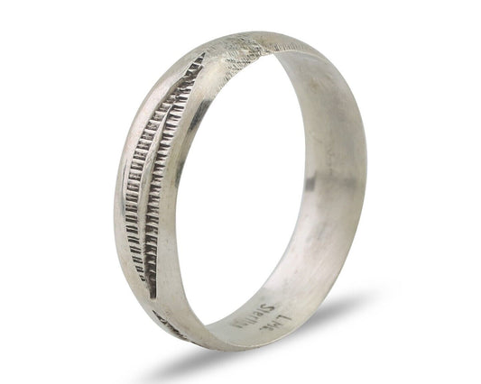 Navajo Hand Stamped Band 925 Silver 5.0 mm Signed Larry Chavez Size 7.5 C.80's