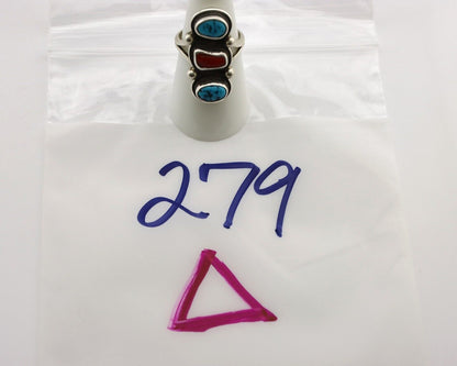 Navajo Ring 925 Silver Sleeping B Turquoise & Coral Native American Artist C.80s