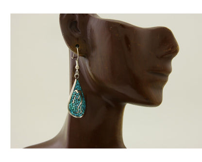 Navajo Kokopelli Earrings 999 Nickel Chip Inlay Turquoise Coral Native American