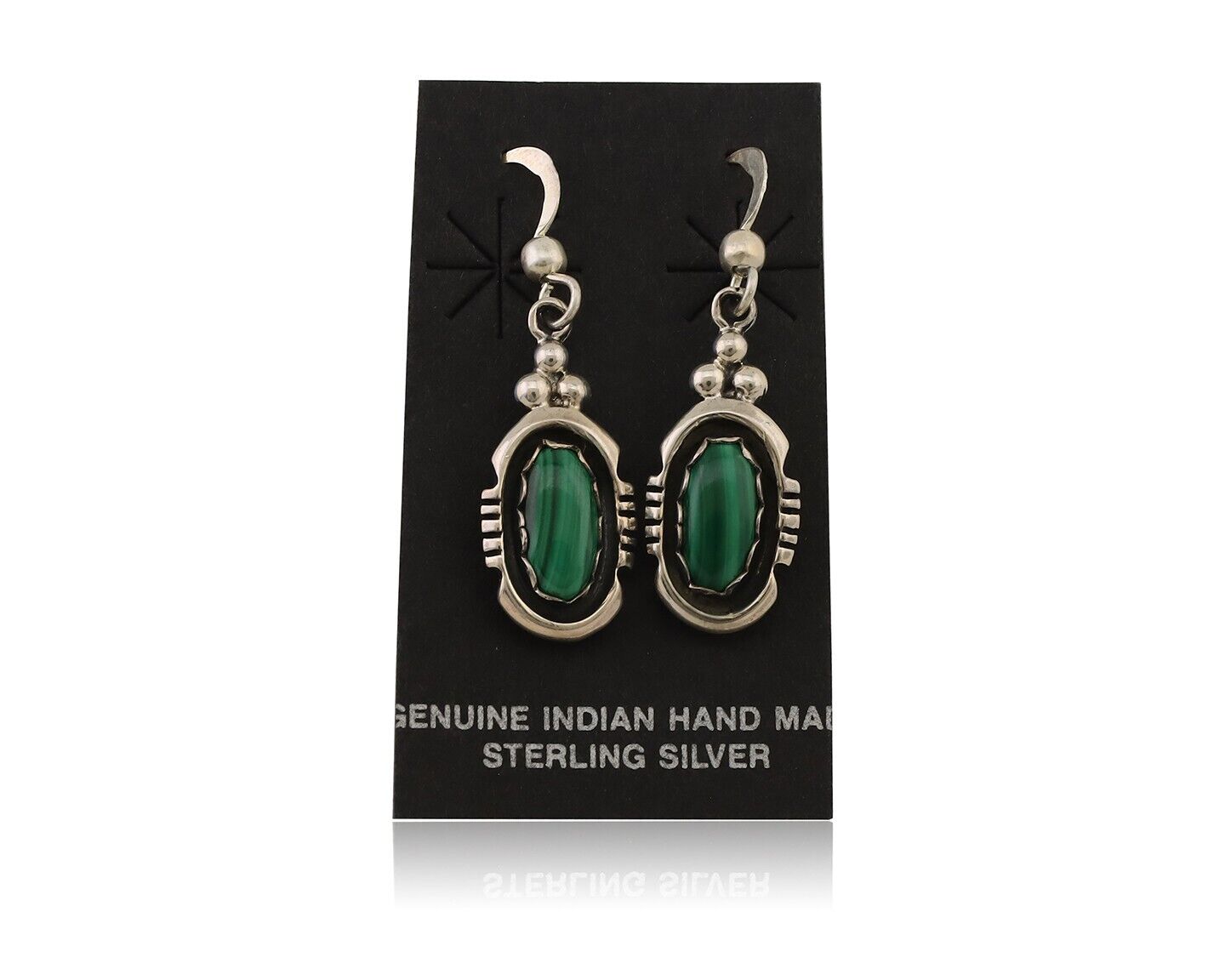 Navajo Dangle Earrings 925 Silver Natural Malachite Native American Artist C.80s