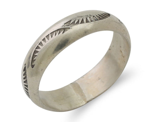 Navajo Hand Stamped Band 925 Silver 6.0 mm Signed Larry Chavez Size 10.5 C.80's
