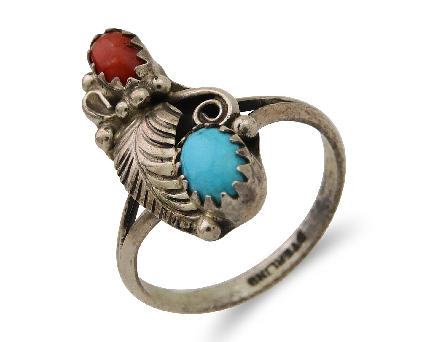 Navajo Handmade Ring 925 Silver Turquoise & Coral Native Artist C.80's