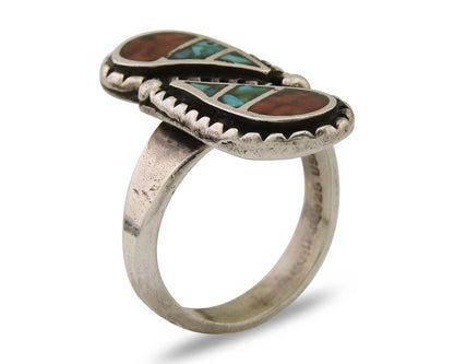 Navajo Ring 925 Silver Chip Inlay Turquoise & Coral Native Artist C.80's