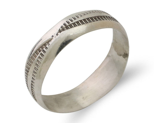 Navajo Hand Stamped Band 925 Silver 5.0 mm Signed Larry Chavez Size 6.0 C.80's