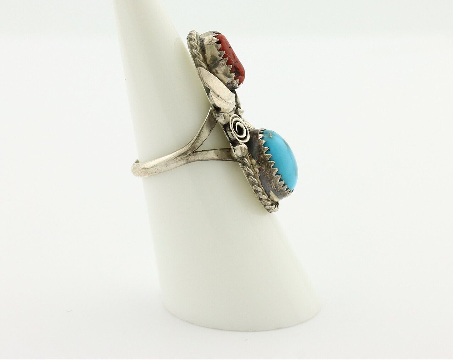 Navajo Ring 925 Silver Blue Turquiose & Coral Artist Signed Justin Morris C.80's