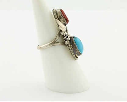 Navajo Ring 925 Silver Blue Turquiose & Coral Artist Signed Justin Morris C.80's