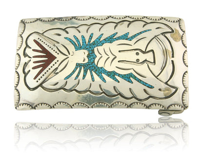 Vintage Navajo Belt Buckle 925 Sterling Silver Handmade Inlaid Gemstone Signed B