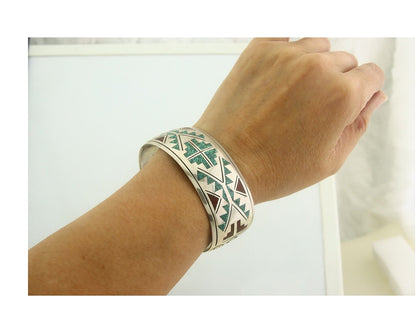 Navajo Bracelet 925 Silver Inlaid Turquoise Coral Artist Signed Stanley Bain C80
