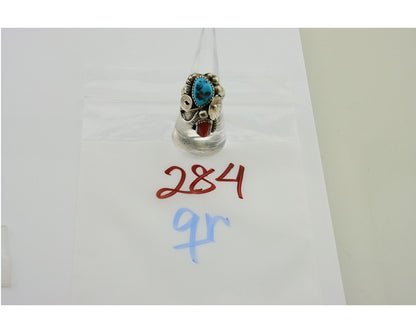 Navajo Handmade Ring 925 Silver Coral & Turquoise Signed Circle Max C.80's