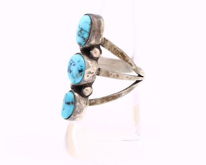Navajo 3 Stone Ring 925 Silver Blue Turquoise Native American Artist C.80's