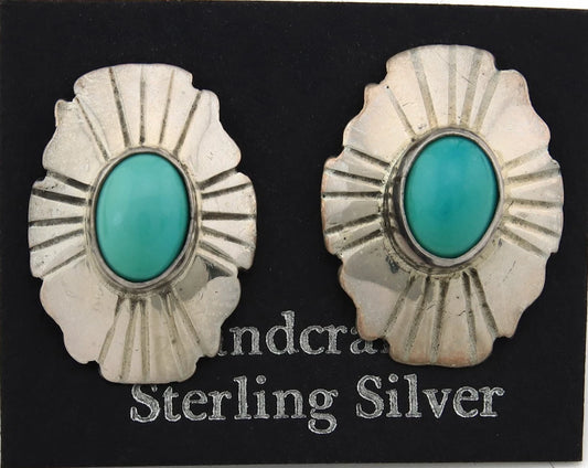 Navajo Concho Dangle Earrings Sterling Silver Natural Turquoise Vintage Handmade