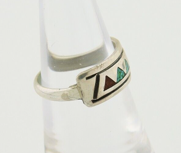 Navajo Handmade Ring 925 Silver Coral & Turquoise Signed SC C.80's
