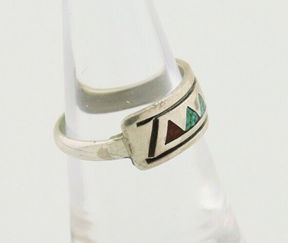 Navajo Handmade Ring 925 Silver Coral & Turquoise Signed SC C.80's