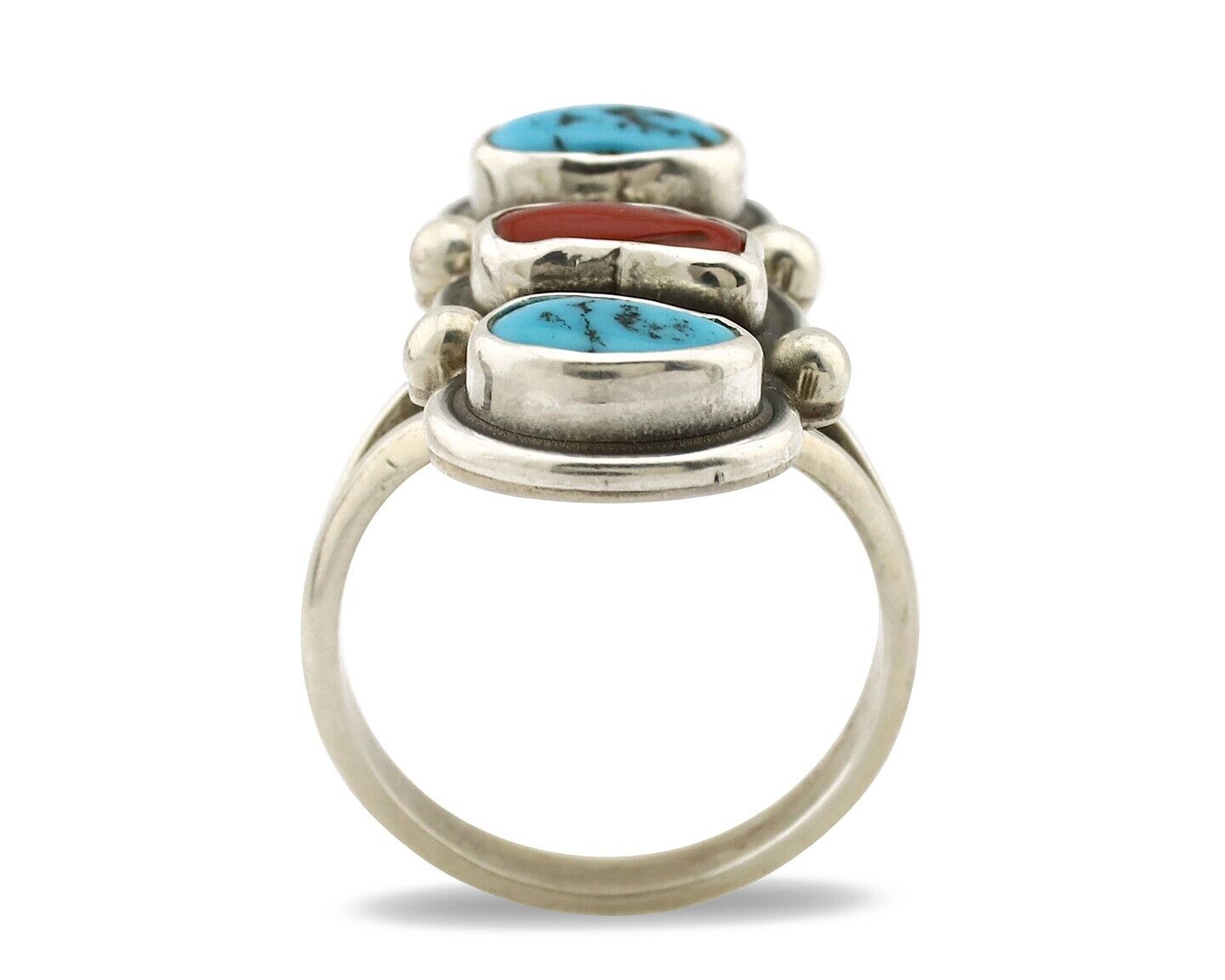 Navajo Ring 925 Silver Sleeping B Turquoise & Coral Native American Artist C.80s