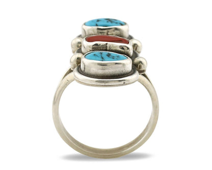 Navajo Ring 925 Silver Sleeping B Turquoise & Coral Native American Artist C.80s