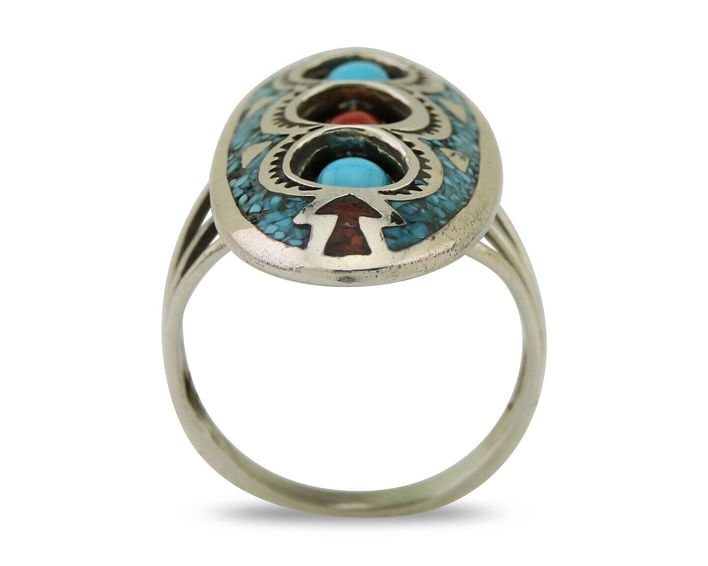 Navajo Handmade Ring 925 Silver Coral & Turquoise Signed Circle JW C.80's