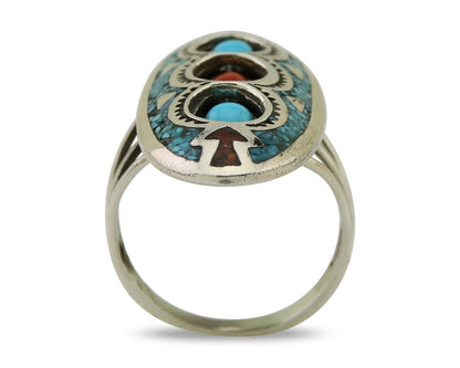 Navajo Handmade Ring 925 Silver Coral & Turquoise Signed Circle JW C.80's