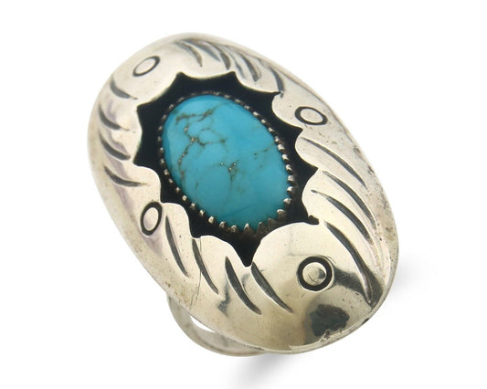 Navajo Ring 925 Sterling Turquoise Handmade Native Artist C.80's Size 6.75