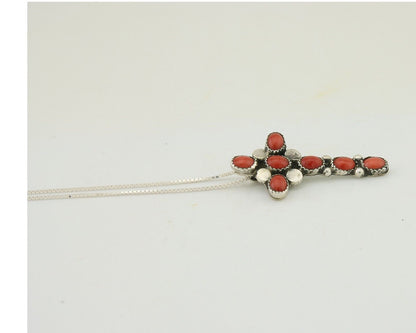 Navajo Cross Necklace 925 Silver Mediterranean Coral Native American Artist C80s