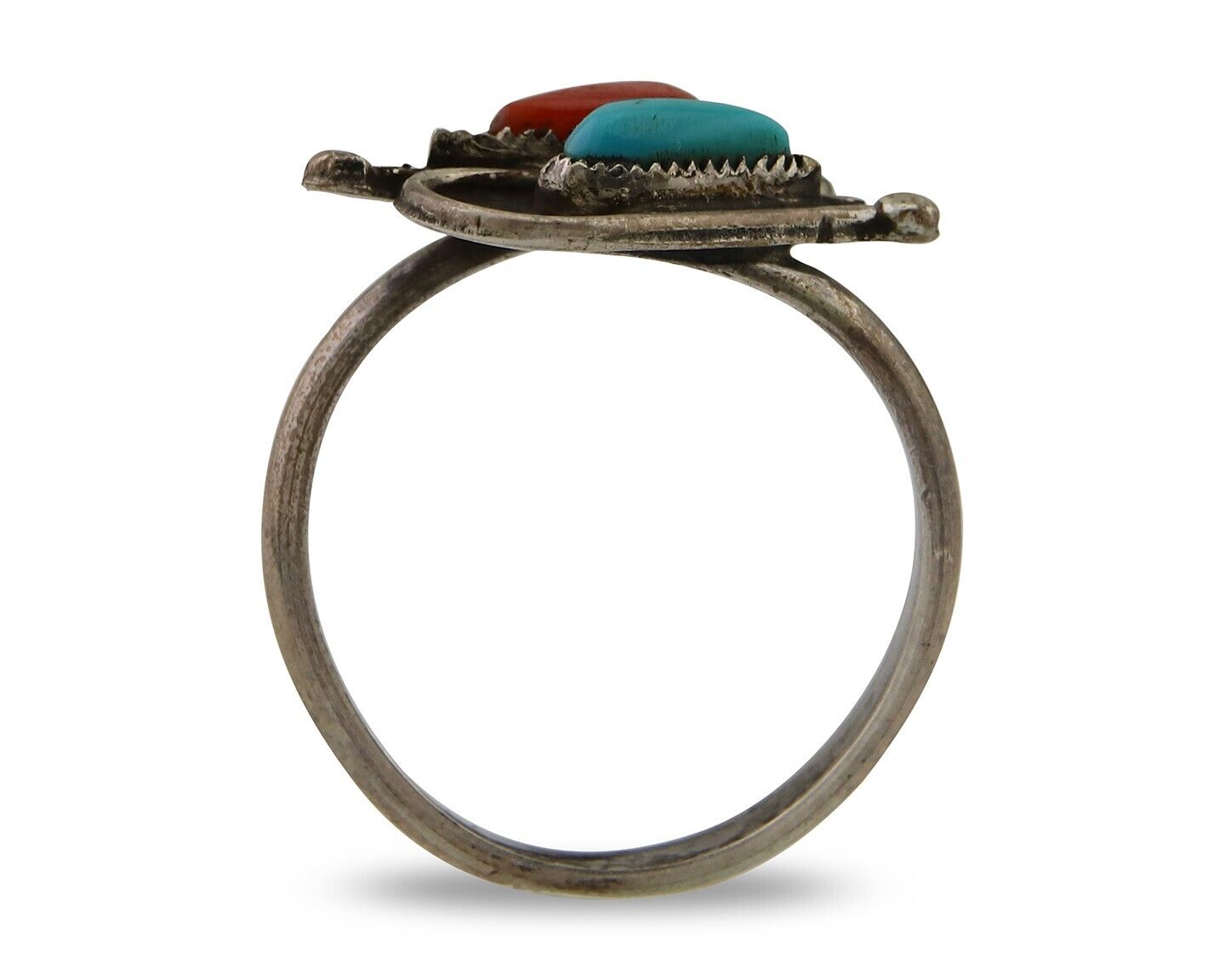 Navajo Ring 925 Silver Turquoise & Coral Native American Artist C.80's