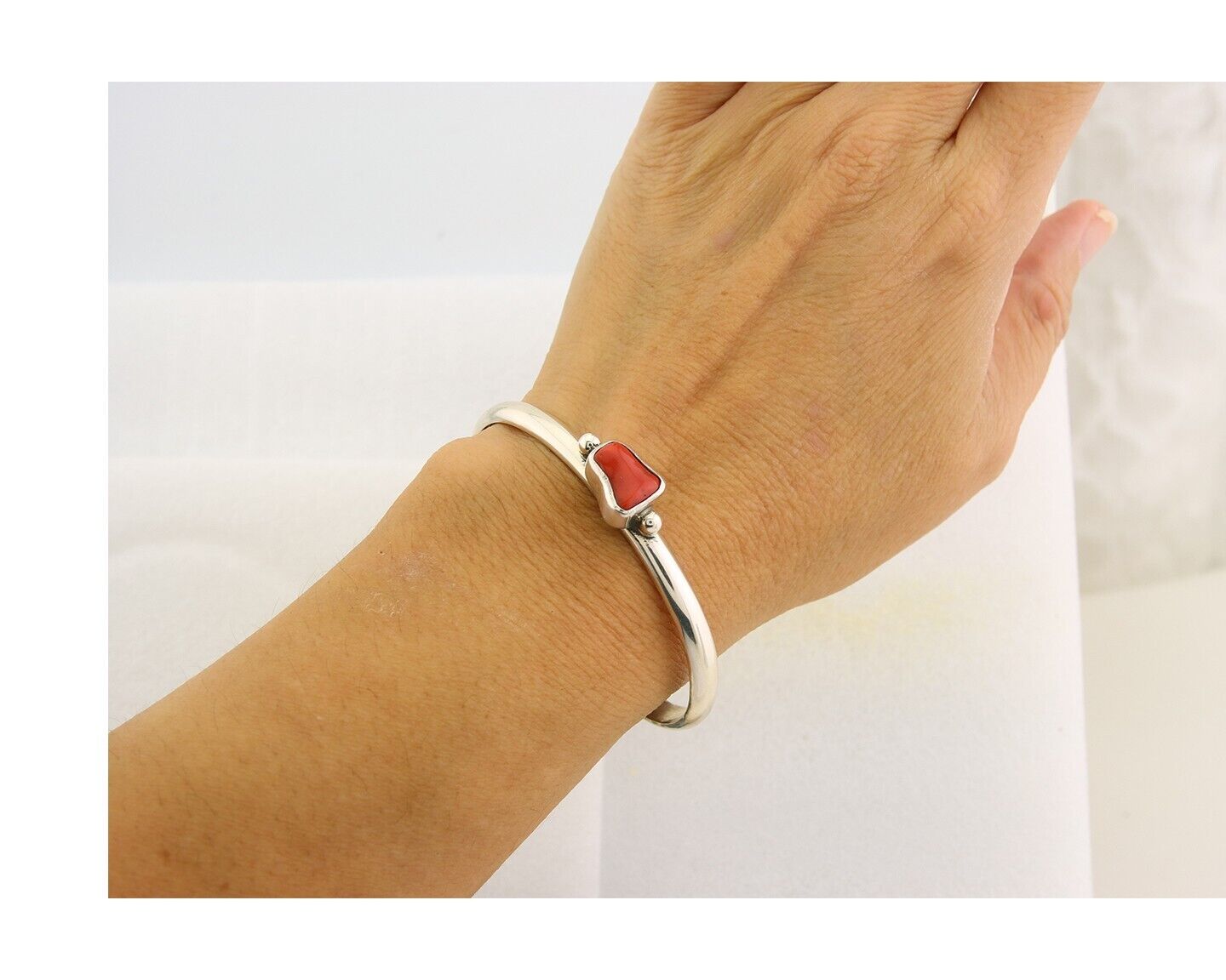 Navajo Bracelet .925 Silver Mediterranean Red Coral Cuff Native Artist C.80's