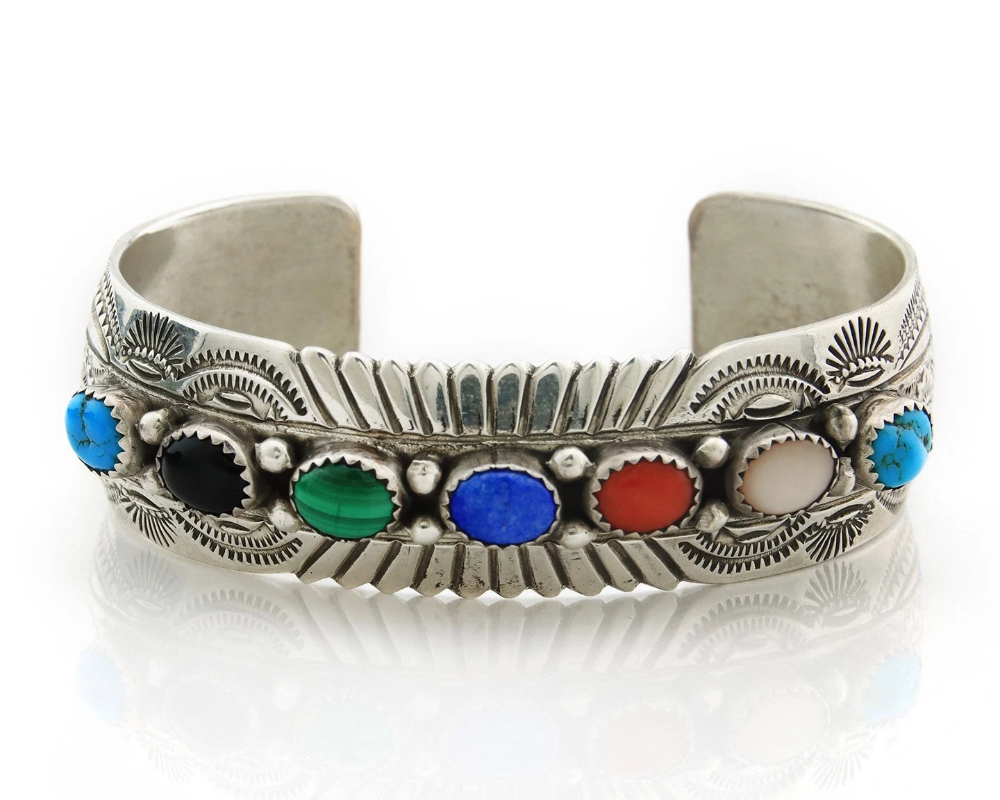 Navajo Cuff Bracelet Sterling Silver Natural Gemstone Vintage Signed WB