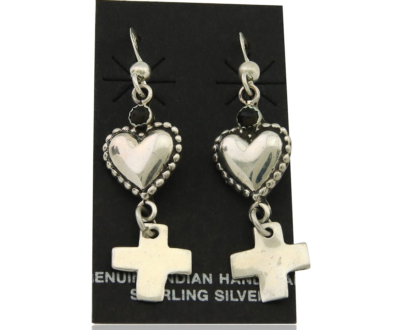 Navajo Earrings 925 Silver Heart Cross Natural Onyx Native American Artist C.80s