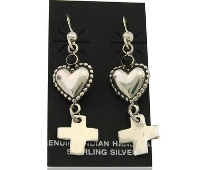 Navajo Earrings 925 Silver Heart Cross Natural Onyx Native American Artist C.80s