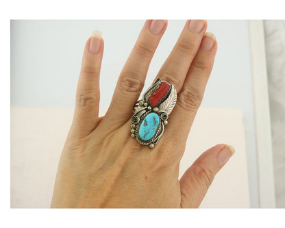 Navajo Ring 925 Sterling Natural Coral & Turquoise Signed JM C.80's Size 10.75