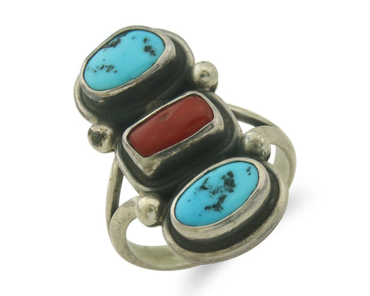 Vintage Navajo Ring 925 Sterling Natural Coral & Turquoise Native Artist Sz 8.0