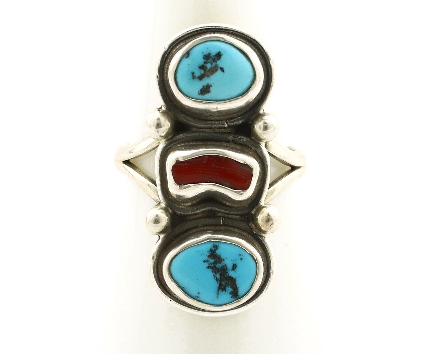 Navajo Ring 925 Silver Sleeping B Turquoise & Coral Native American Artist C.80s