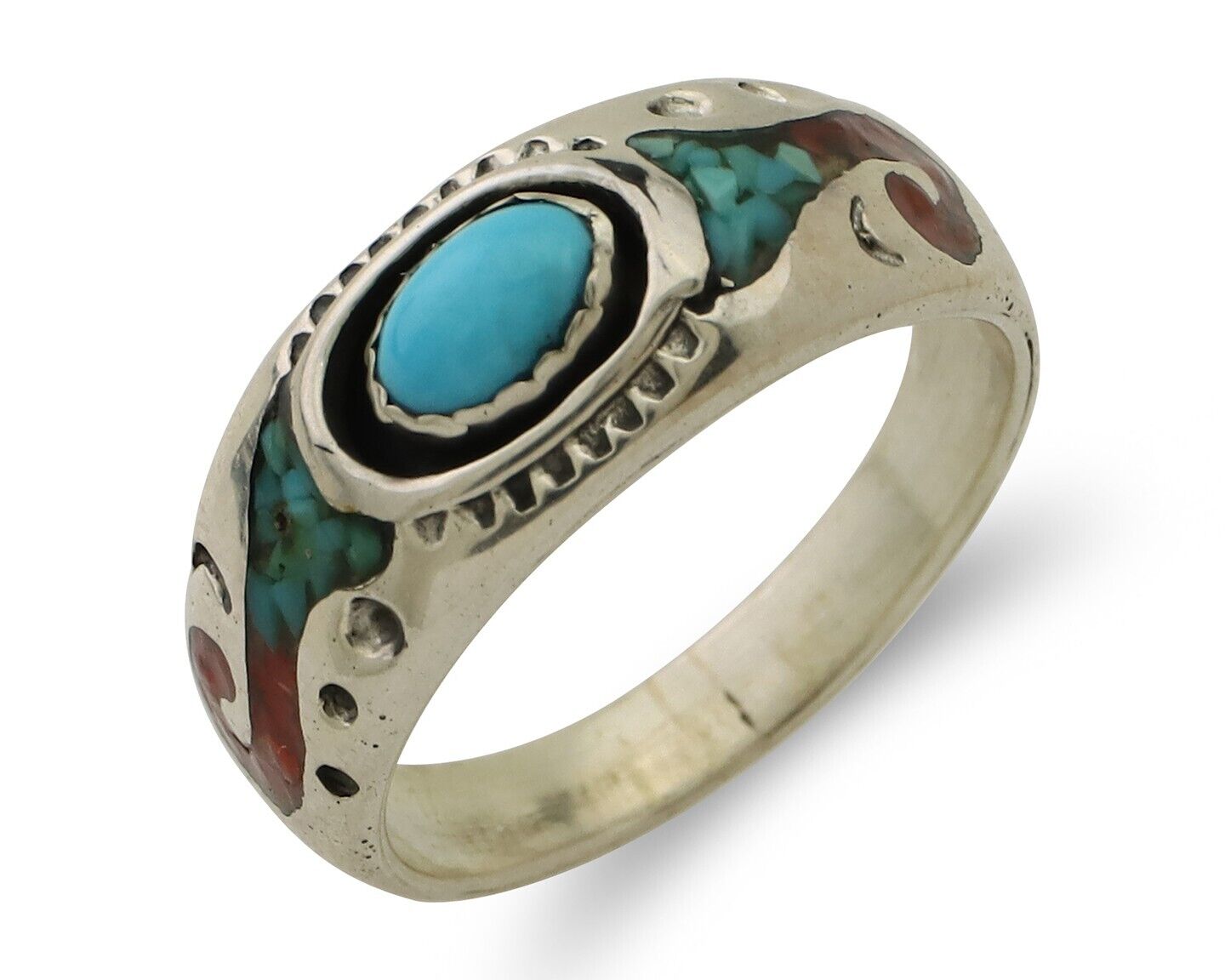 Navajo Ring 925 Silver Turquoise & Coral Natural American Artist C.80's