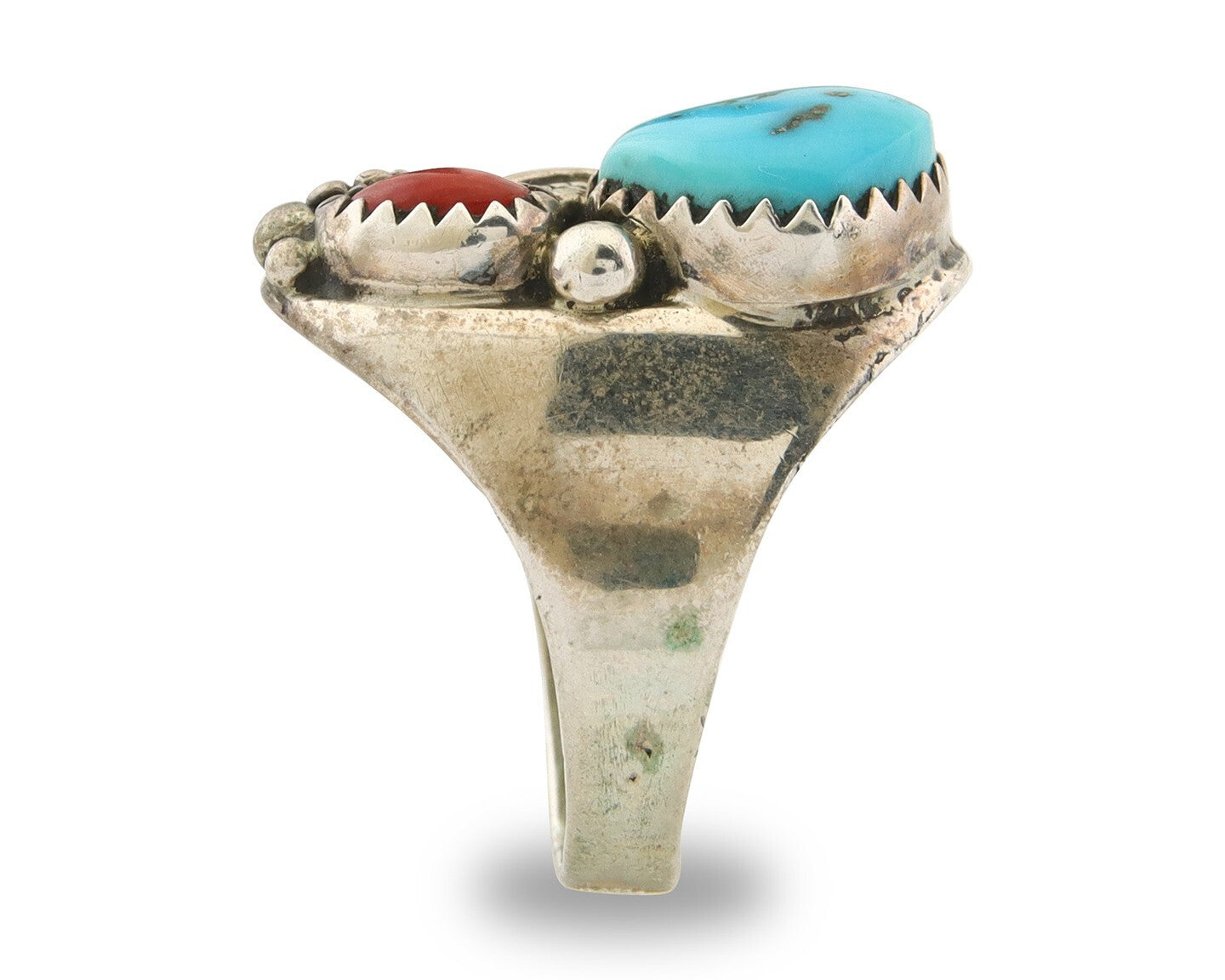 Navajo Ring 925 Sterling Turquoise & Coral Native Artist C.80's Size 6.5