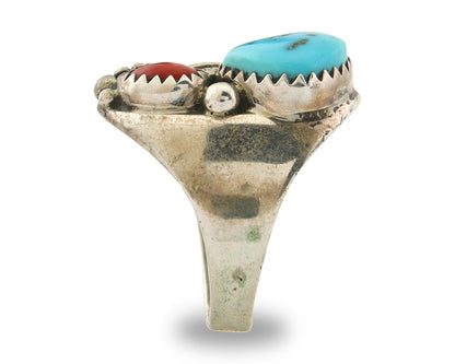 Navajo Ring 925 Sterling Turquoise & Coral Native Artist C.80's Size 6.5